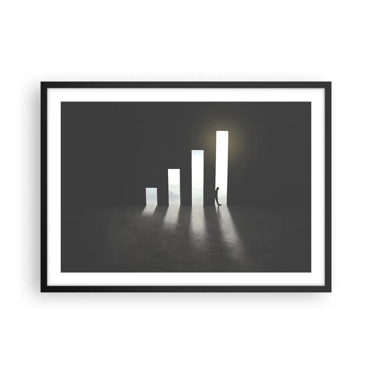 Poster in einem schwarzem Rahmen - Symbolisches Wachstum in Form von lichtdurchfluteten Passagen - 70x50cm - Erfolg –