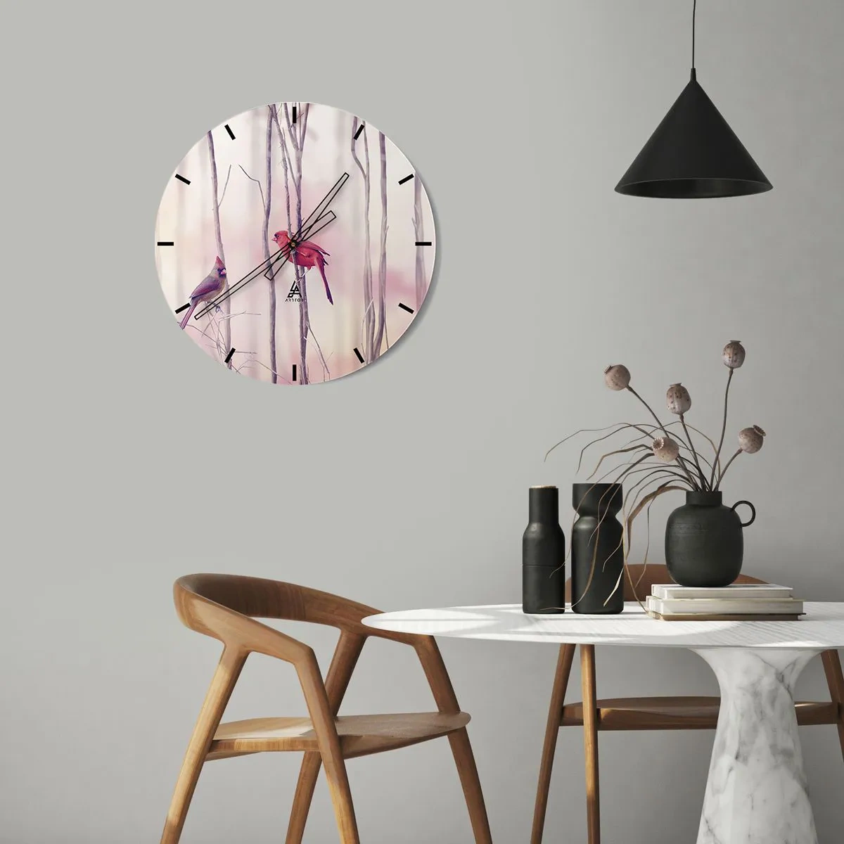 Wanduhr - Glasuhr - Ein Kardinalspaar sitzt auf Ästen vor pastellfarbenem Hintergrund - 30x30cm - Geschichte vom rosa Wald - Moderne Wanddekoration für Wohnzimmer, Küche und Schlafzimmer ARTTOR