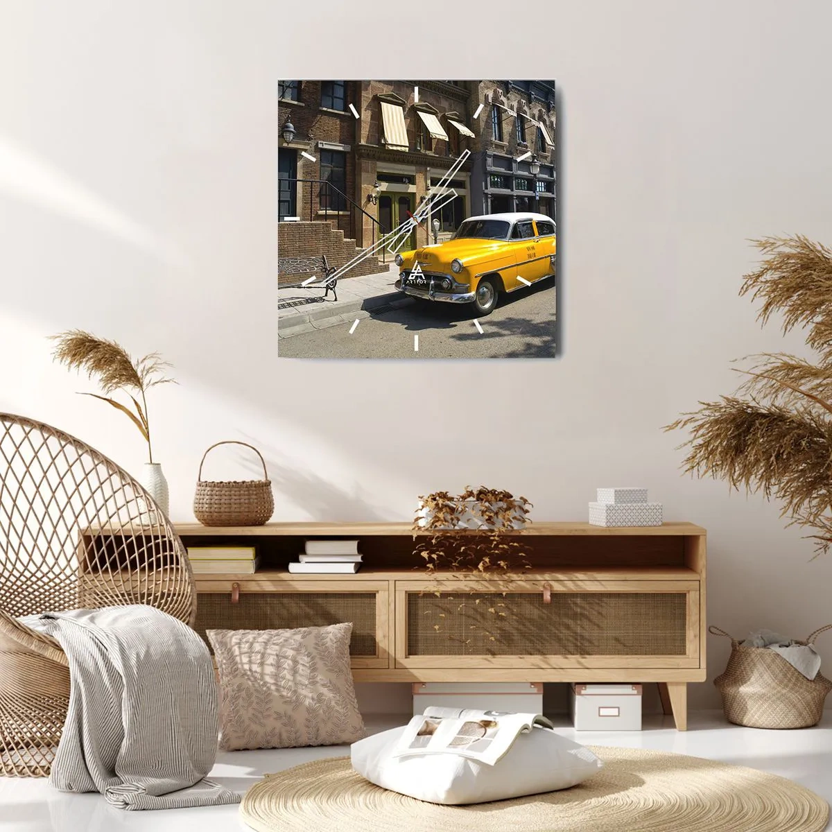 Wanduhr - Glasuhr - Ein gelbes Taxi auf einer Straße mit Mietshäusern - 30x30cm - Vor langer Zeit in Amerika - Moderne Wanddekoration für Wohnzimmer und Schlafzimmer ARTTOR