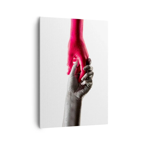 Bild auf Leinwand - Leinwandbild - Symbolische Hände in Silber und Rot - 70x100cm - Gemeinsam, obwohl anders - Moderne Wanddekoration für Wohnzimmer und Schlafzimmer ARTTOR
