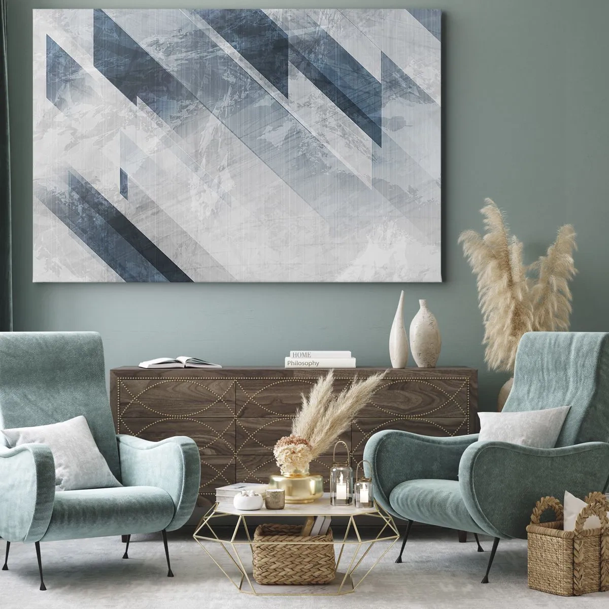 Bild auf Leinwand - Leinwandbild - Abstrakte Linien in Grau- und Blautönen - 120x80cm - Räumliche Komposition - graue Bewegung - Moderne Wanddekoration für Wohnzimmer und Schlafzimmer ARTTOR