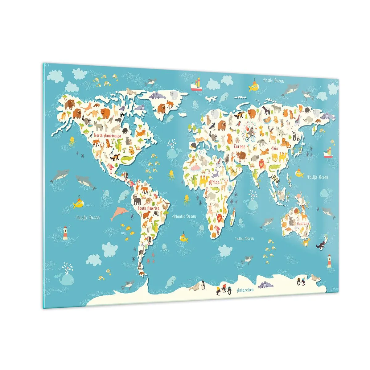 Glasbild - Bild auf glas - Bunte Weltkarte mit Tier- und Meeresmotiven - 100x70cm - Wir lieben die ganze Welt - Moderne Wanddekoration für Wohnzimmer und Schlafzimmer ARTTOR