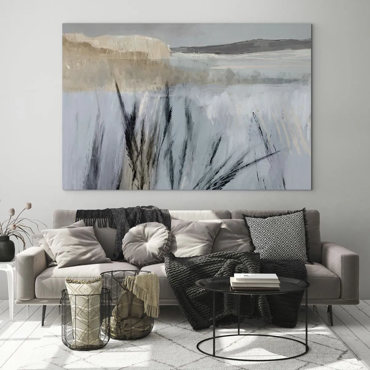 Glasbild - Bild auf glas - Winterlandschaft mit Gräsern vor dem Hintergrund schneebedeckter Felder - 70x50cm - Winterfelder - Moderne Wanddekoration für Wohnzimmer und Schlafzimmer ARTTOR