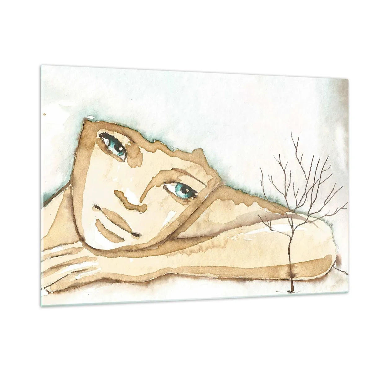 Glasbild - Bild auf glas - Eine subtile Figur einer Frau mit einem Baum vor einem Hintergrund aus Aquarellfarben - 120x80cm - Der Baum der Poesie wächst aus der Stille - Moderne Wanddekoration für Wohnzimmer und Schlafzimmer ARTTOR