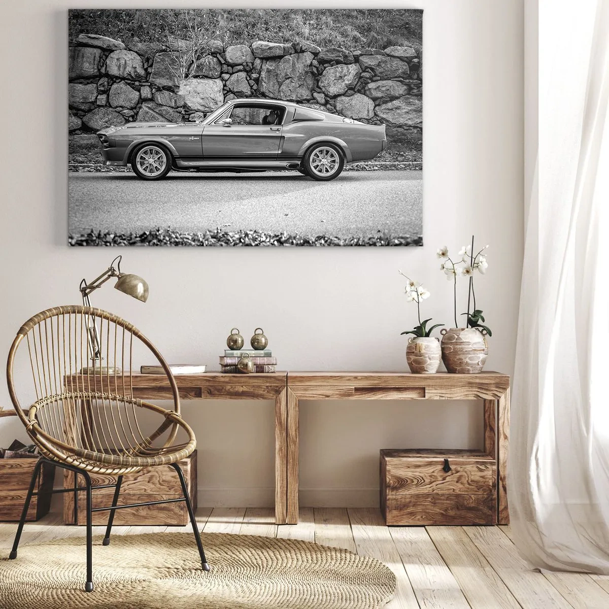 Bild auf Leinwand - Leinwandbild - Schwarz-Weiß-Foto eines Oldtimers - 120x80cm - Die Legende der 1960er - Moderne Wanddekoration für Wohnzimmer und Schlafzimmer ARTTOR