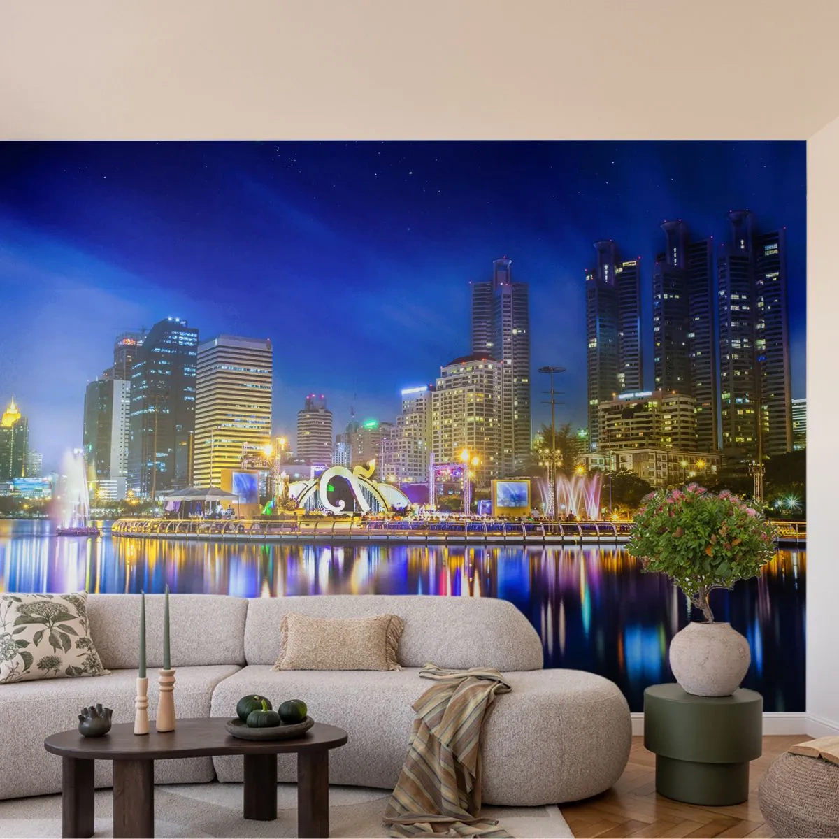 Fototapete Standard Eco - Panorama der Stadt bei Nacht mit den im Wasser reflektierten Lichtern - 100x70cm - Metropolis bei Regenbogennacht - Moderne Wanddekoration für Wohnzimmer und Schlafzimmer ARTTOR