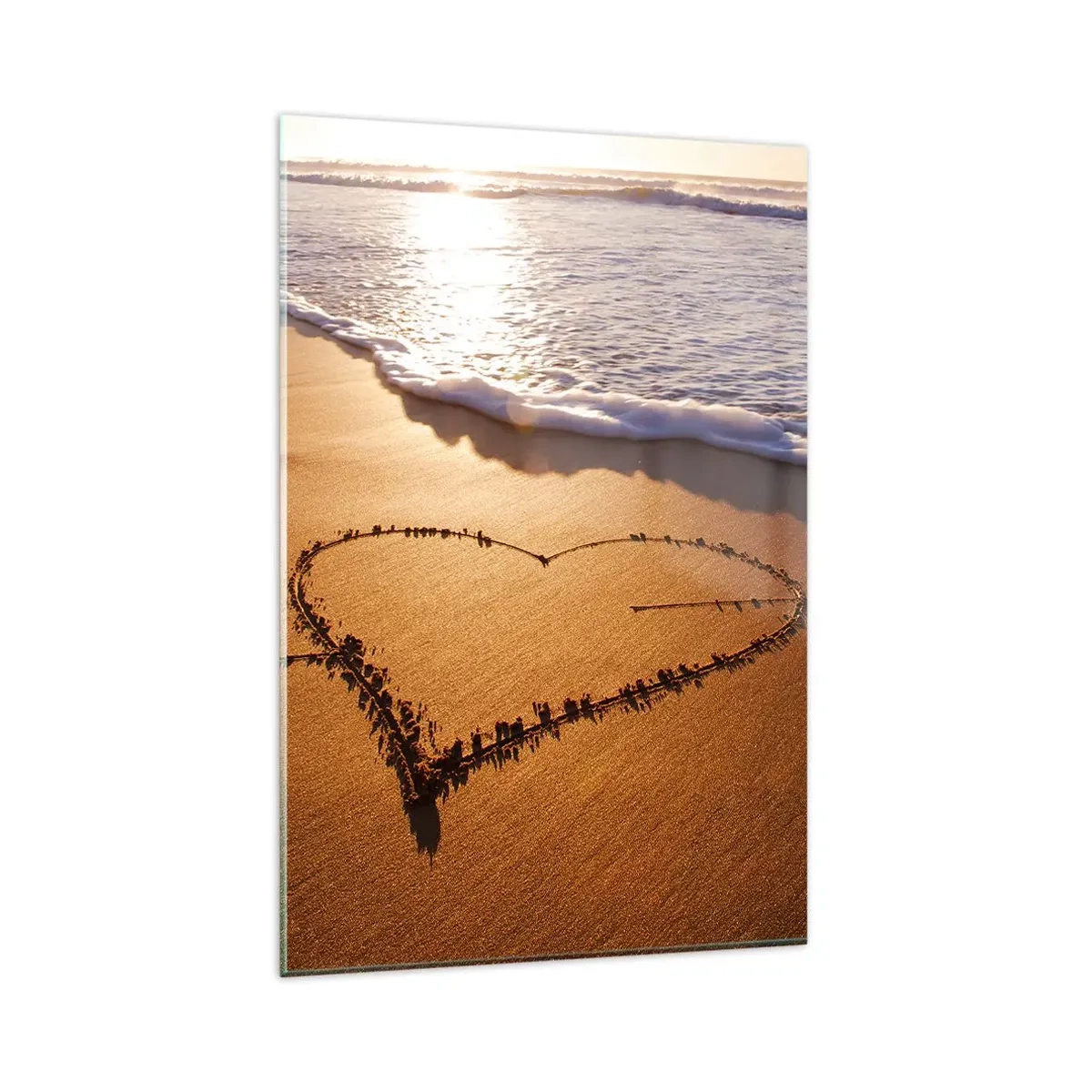 Glasbild - Bild auf glas - Ein Herz aus Sand am Strand bei Sonnenuntergang - 80x120cm - Urlaubsgeständnis - Moderne Wanddekoration für Wohnzimmer und Schlafzimmer ARTTOR