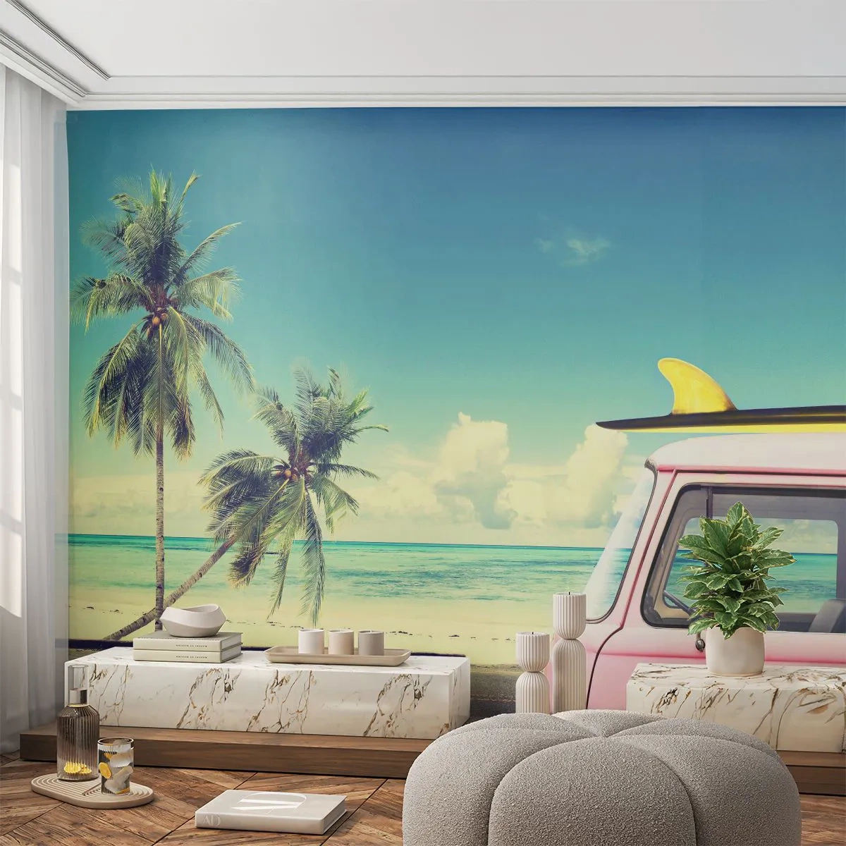Fototapete Premium Sand - Rosa Van mit Surfbrett am Meer - 100x70cm - Zeit um in die Ferien zu starten - Moderne Wanddekoration für Wohnzimmer und Schlafzimmer ARTTOR