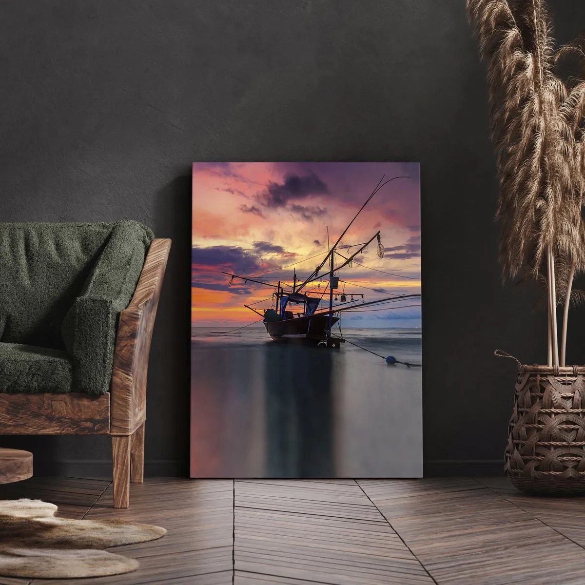 Bild auf Leinwand - Leinwandbild - Ein Fischerboot vor der Kulisse eines farbenfrohen Sonnenuntergangs - 50x70cm - Exotischer Abend - Moderne Wanddekoration für Wohnzimmer und Schlafzimmer ARTTOR