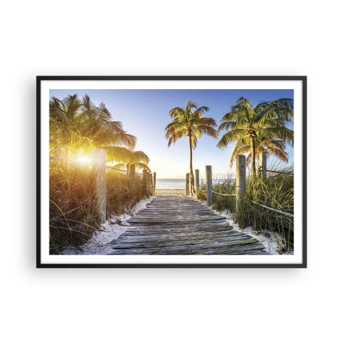 Poster in einem schwarzem Rahmen - Holzweg am Strand mit Palmen im Hintergrund - 100x70cm - Direkt ins Paradies - Moderne Wanddekoration für Wohnzimmer und Schlafzimmer ARTTOR