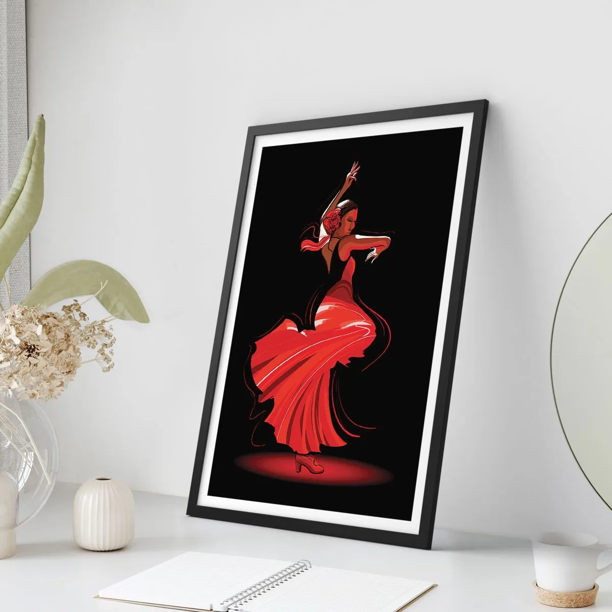Poster in einem schwarzem Rahmen - Flamenco-Tänzerin in einem roten Kleid vor schwarzem Hintergrund - 50x70cm - Der feurige Geist des Flamenco - Moderne Wanddekoration für Wohnzimmer und Schlafzimmer ARTTOR