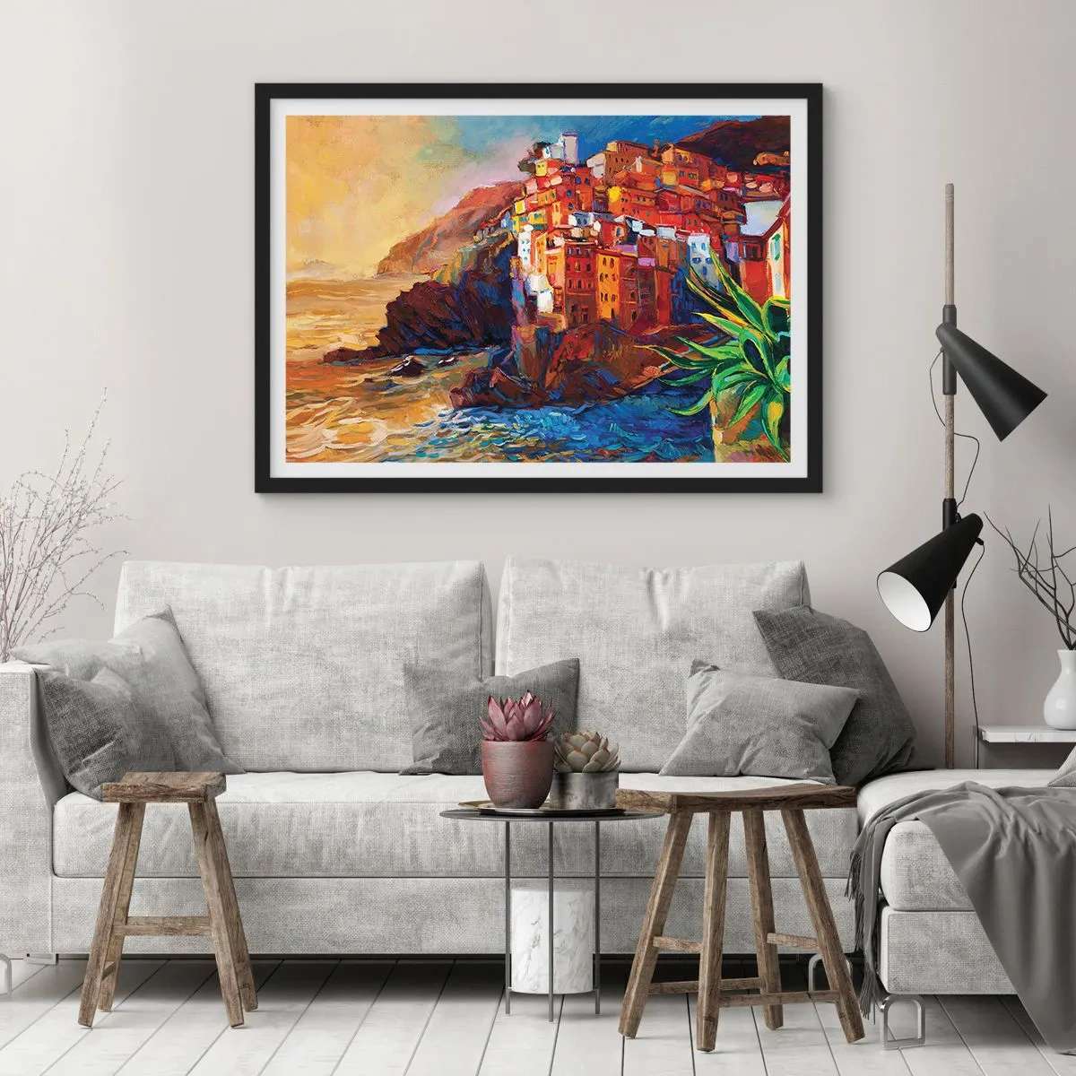 Poster in einem schwarzem Rahmen - Bunte Häuser auf einer Klippe über dem Meer - 100x70cm - Italienische Atmosphäre - Moderne Wanddekoration für Wohnzimmer und Schlafzimmer ARTTOR