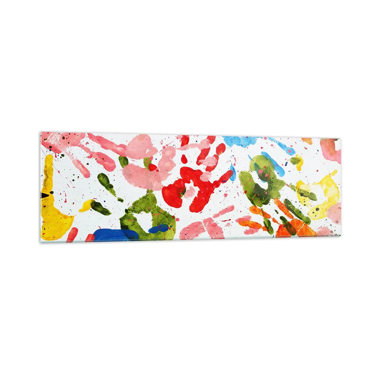 Glasbild - Bild auf glas - Bunte Handabdrücke auf weißem Hintergrund - 160x50cm - Folgen Sie den Spuren - Moderne Wanddekoration für Wohnzimmer und Schlafzimmer ARTTOR