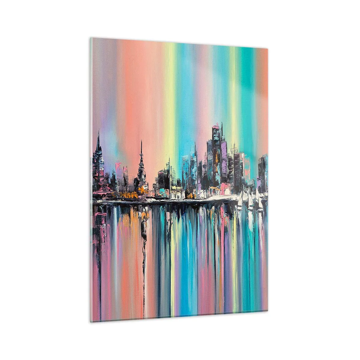 Glasbild - Bild auf glas - Abstraktes Stadtpanorama mit mehrfarbigem Hintergrund - 50x70cm - Um das Licht der Nacht herunterzufallen - Moderne Wanddekoration für Wohnzimmer und Schlafzimmer ARTTOR