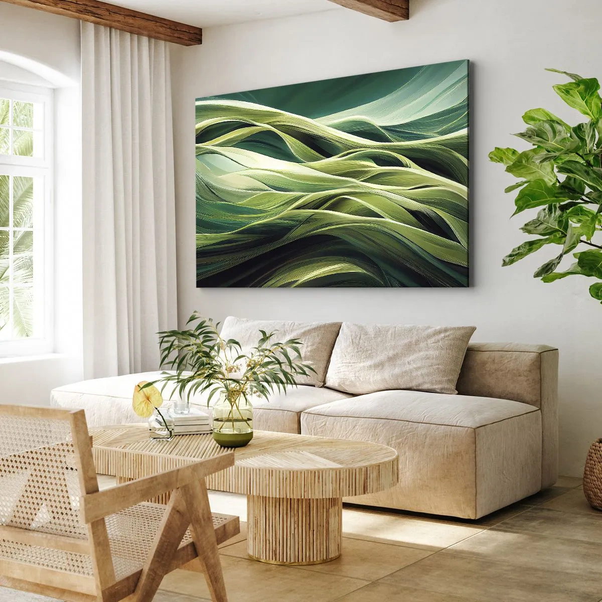 Bild auf Leinwand - Leinwandbild - Dynamische Linien in Grüntönen - 70x50cm - Abstraktes grünes Spiel - Moderne Wanddekoration für Wohnzimmer und Schlafzimmer ARTTOR