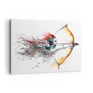 Bild auf Leinwand - Leinwandbild - Dynamisches Aquarell eines Kriegers mit Pfeil und Bogen - 120x80cm - Mythischer Krieger mit feurigem Bogen - Moderne Wanddekoration für Wohnzimmer und Schlafzimmer ARTTOR