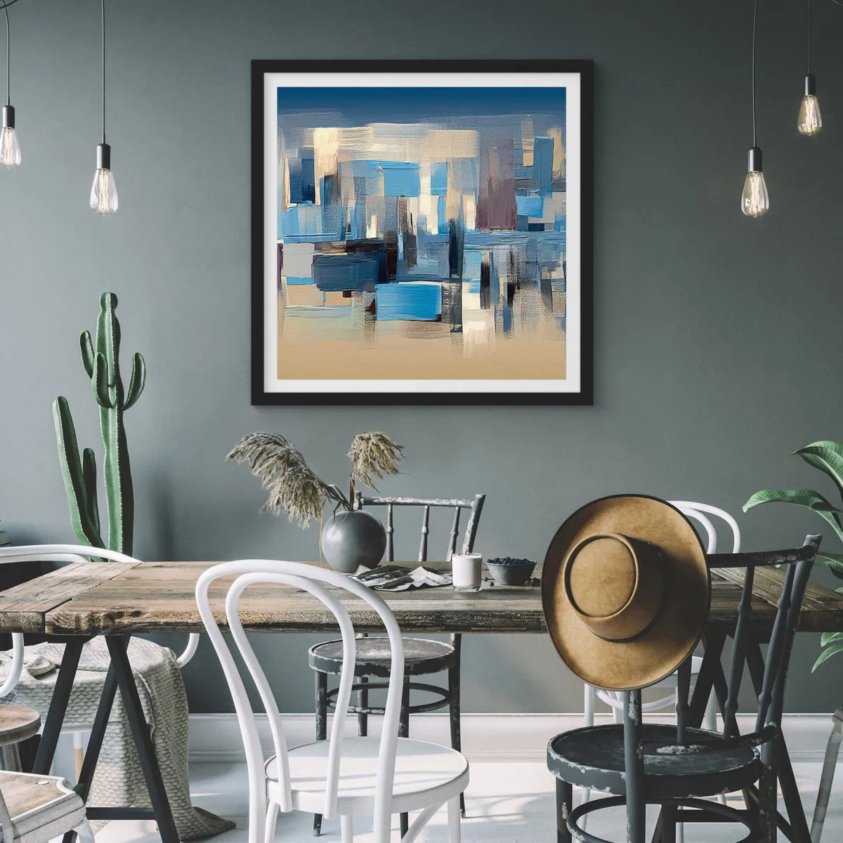 Poster in einem schwarzem Rahmen - Blaue Konstruktion - 50x50 cm