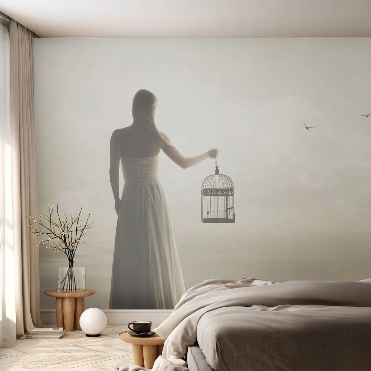 Fototapete Standard Eco - Sei frei - Frau, Vogelkäfig, Vogel - 450x315 cm