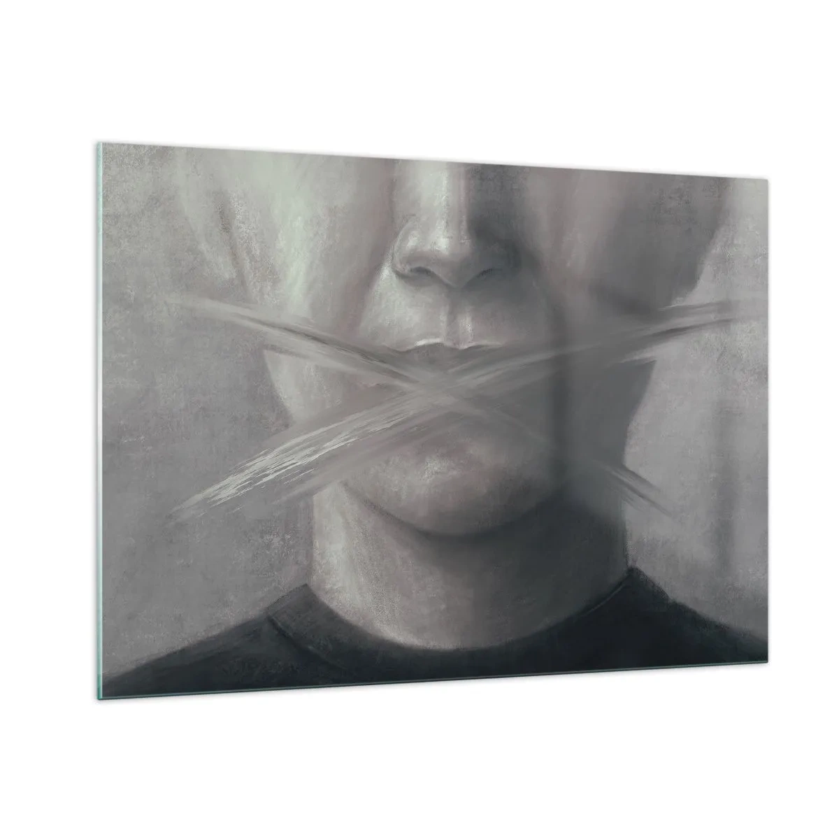 Glasbild - Bild auf glas - Porträt einer Person mit verschmierten Lippen in Grautönen - 100x70cm - Ohne ein Wort - Moderne Wanddekoration für Wohnzimmer und Schlafzimmer ARTTOR