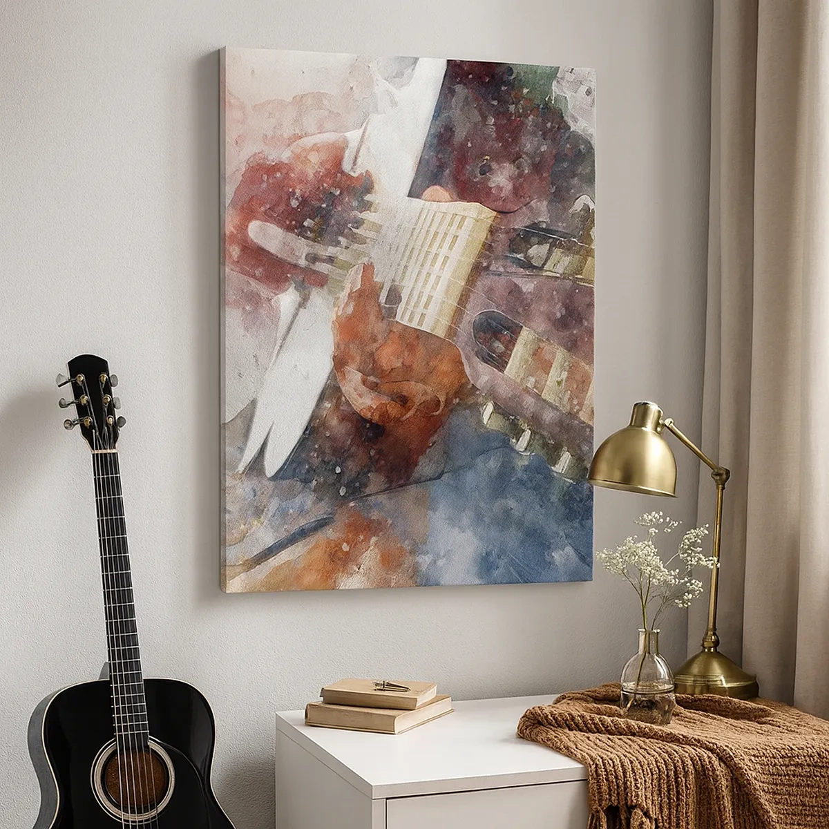 Bild auf Leinwand - Leinwandbild - Eine künstlerische Interpretation einer Gitarre im Aquarellstil - 50x70cm - Und was halten Sie davon? - Moderne Wanddekoration für Wohnzimmer und Schlafzimmer ARTTOR