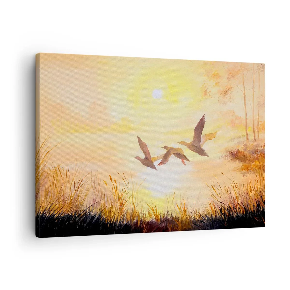 Bild auf Leinwand - Leinwandbild - Enten fliegen bei Sonnenaufgang über den See - 70x50cm - Der Beginn einer langen Reise - Moderne Wanddekoration für Wohnzimmer und Schlafzimmer ARTTOR