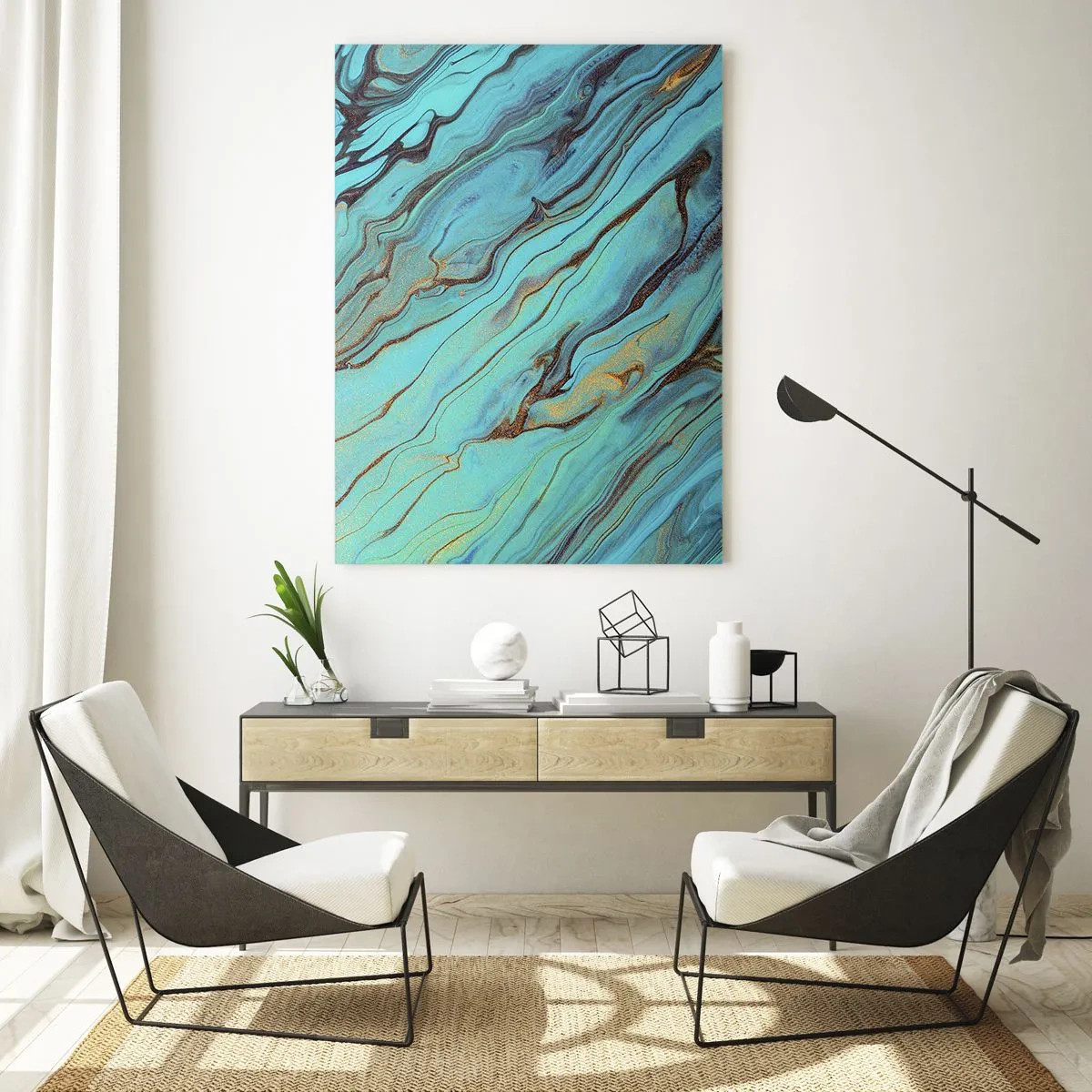 Glasbild - Bild auf glas - Abstrakte Streifen in Türkis und Gold - 50x70cm - Türkisfarbene Flut - Moderne Wanddekoration für Wohnzimmer und Schlafzimmer ARTTOR
