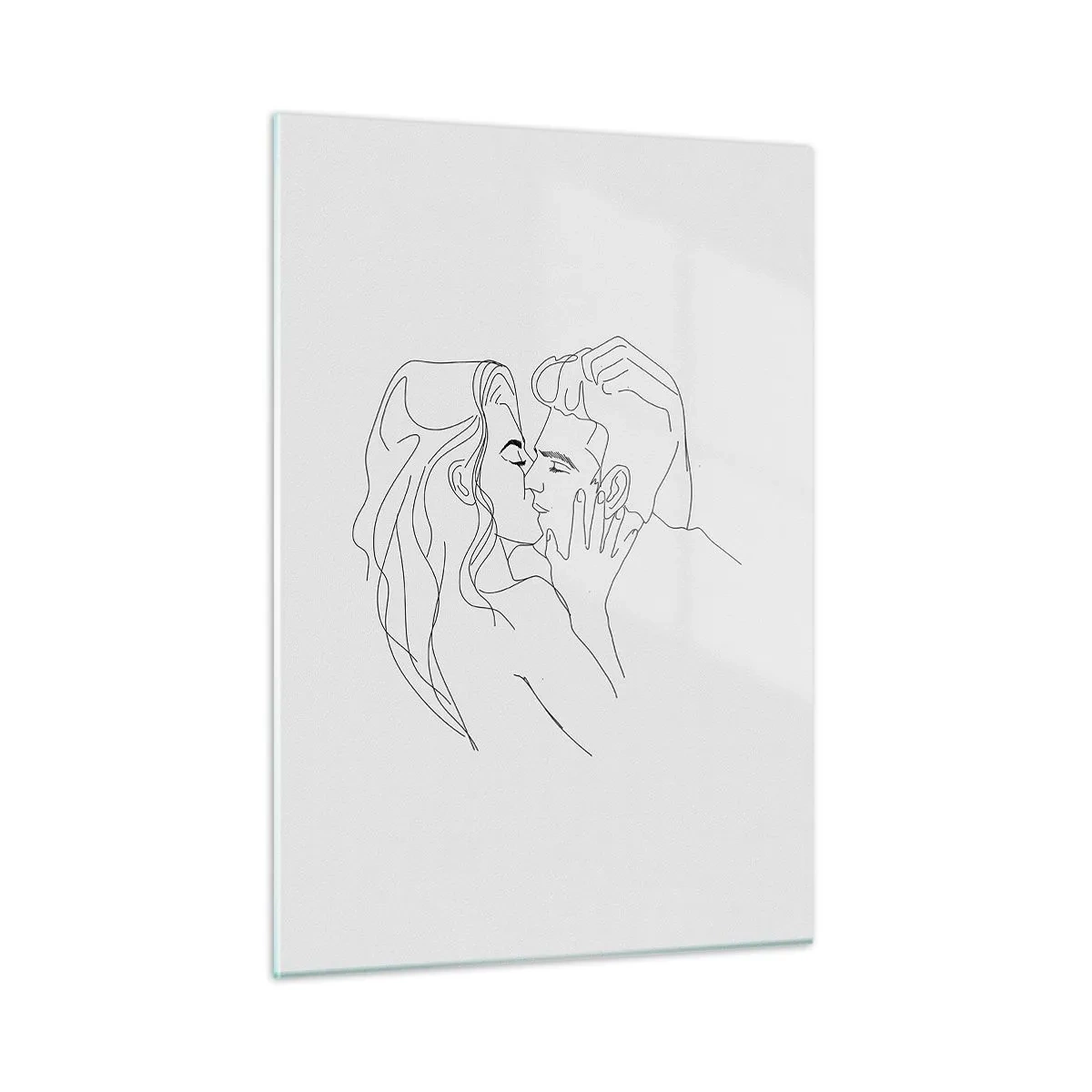 Glasbild - Bild auf glas - Eine minimalistische Zeichnung eines Paares bei einem romantischen Kuss - 50x70cm - Dieselbe Linie - Moderne Wanddekoration für Wohnzimmer und Schlafzimmer ARTTOR
