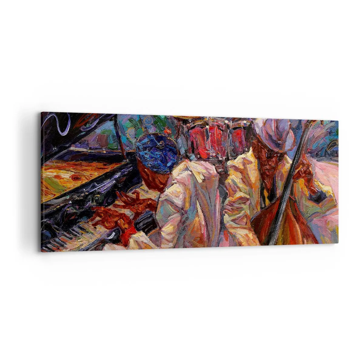 Bild auf Leinwand - Leinwandbild - Energetische Jazzszene mit Musikern und Instrumenten - 120x50cm - In einem Schlag - Moderne Wanddekoration für Wohnzimmer und Schlafzimmer ARTTOR