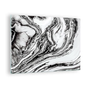 Glasbild - Bild auf glas - Ein abstraktes Muster in Schwarz- und Weißtönen, das Wellen ähnelt. - 70x50cm - Am Anfang war Chaos - Moderne Wanddekoration für Wohnzimmer und Schlafzimmer ARTTOR