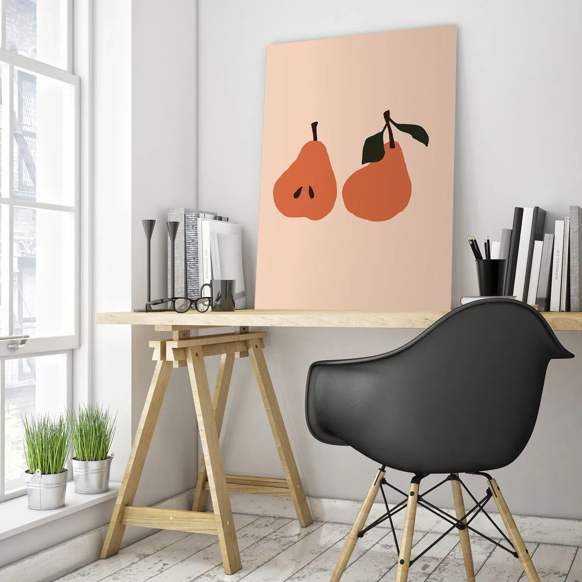 Glasbild - Bild auf glas - Eine minimalistische Illustration von zwei Birnen auf beigem Hintergrund. - 80x120cm - Pure Süße - Moderne Wanddekoration für Wohnzimmer und Schlafzimmer ARTTOR