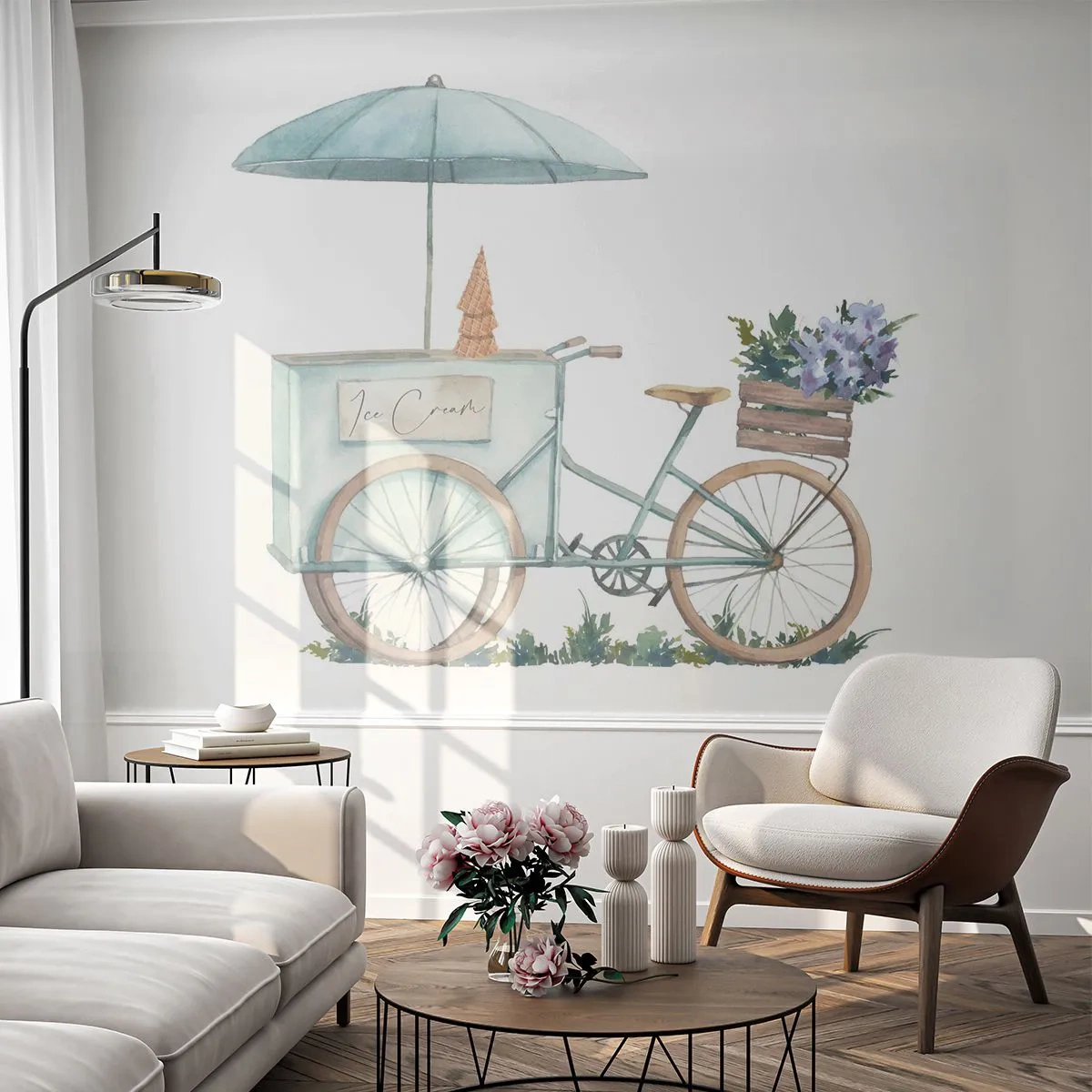 Fototapete Standard Eco - Sommerfahrrad mit Eis und Blumen in einer Schachtel im Aquarellstil - 100x70cm - Süße Erinnerung an den Sommer - Moderne Wanddekoration für Wohnzimmer und Schlafzimmer ARTTOR