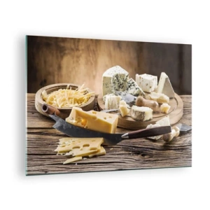 Glasbild - Bild auf glas - Käsebrett mit Messer auf rustikalem Tisch - 70x50cm - Lächeln Sie den Käse an - Moderne Wanddekoration für Wohnzimmer und Schlafzimmer ARTTOR