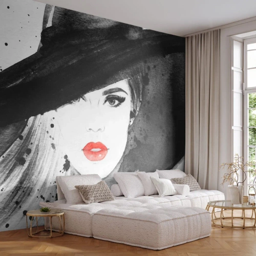 Fototapete Premium Canvas - Frau in schwarz - Frau, Das Gesicht einer Frau, Porträt einer Frau - 500x350 cm