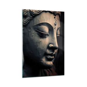 Glasbild - Bild auf glas - Buddha-Skulptur mit einer roten Lotusblüte - 70x100cm - Im Einklang mit der Welt - Moderne Wanddekoration für Wohnzimmer und Schlafzimmer ARTTOR