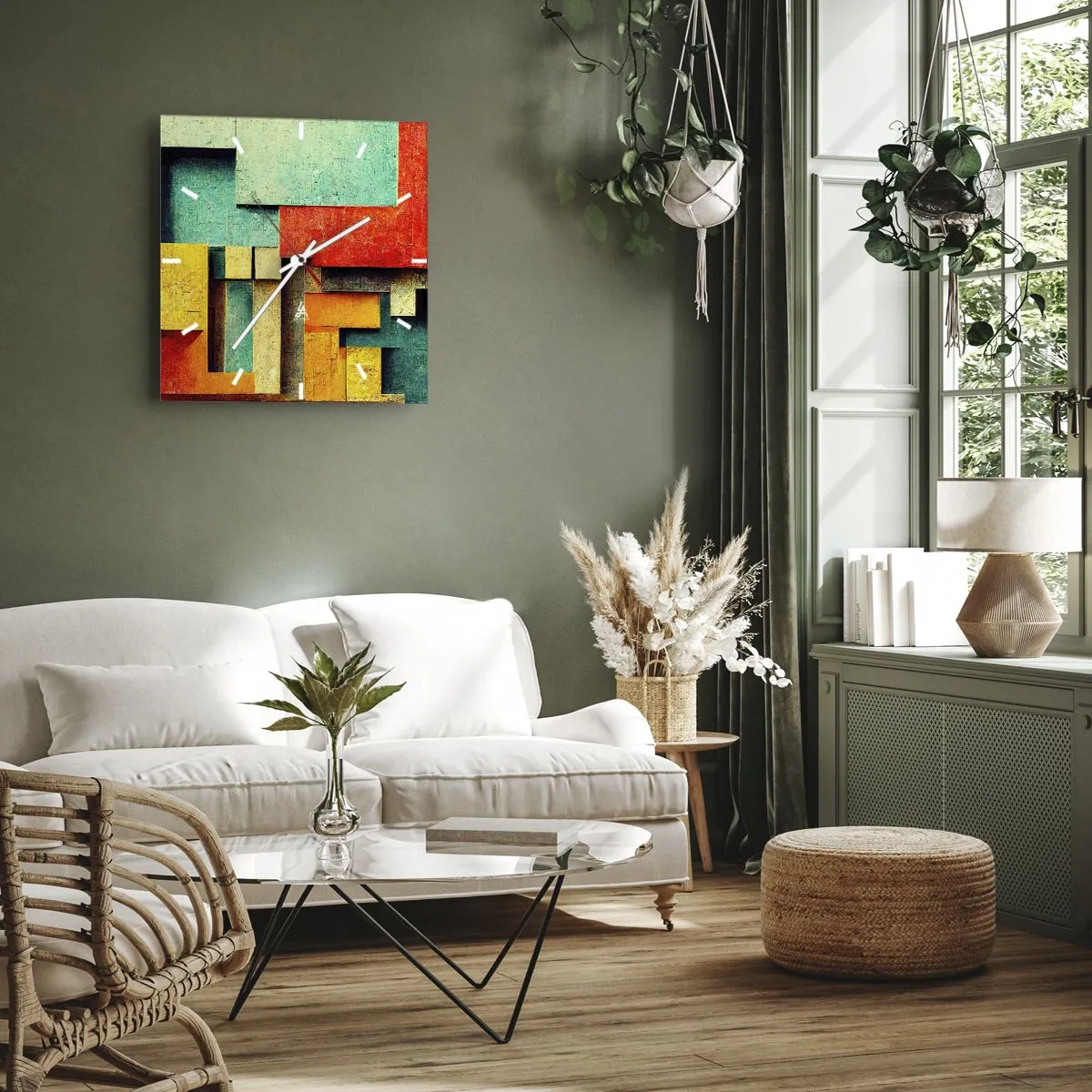 Wanduhr - Glasuhr - Abstrakte geometrische Formen in leuchtenden Farben - 30x30cm - Festival der rechten Winkel - Moderne Wanddekoration für Wohnzimmer und Schlafzimmer ARTTOR