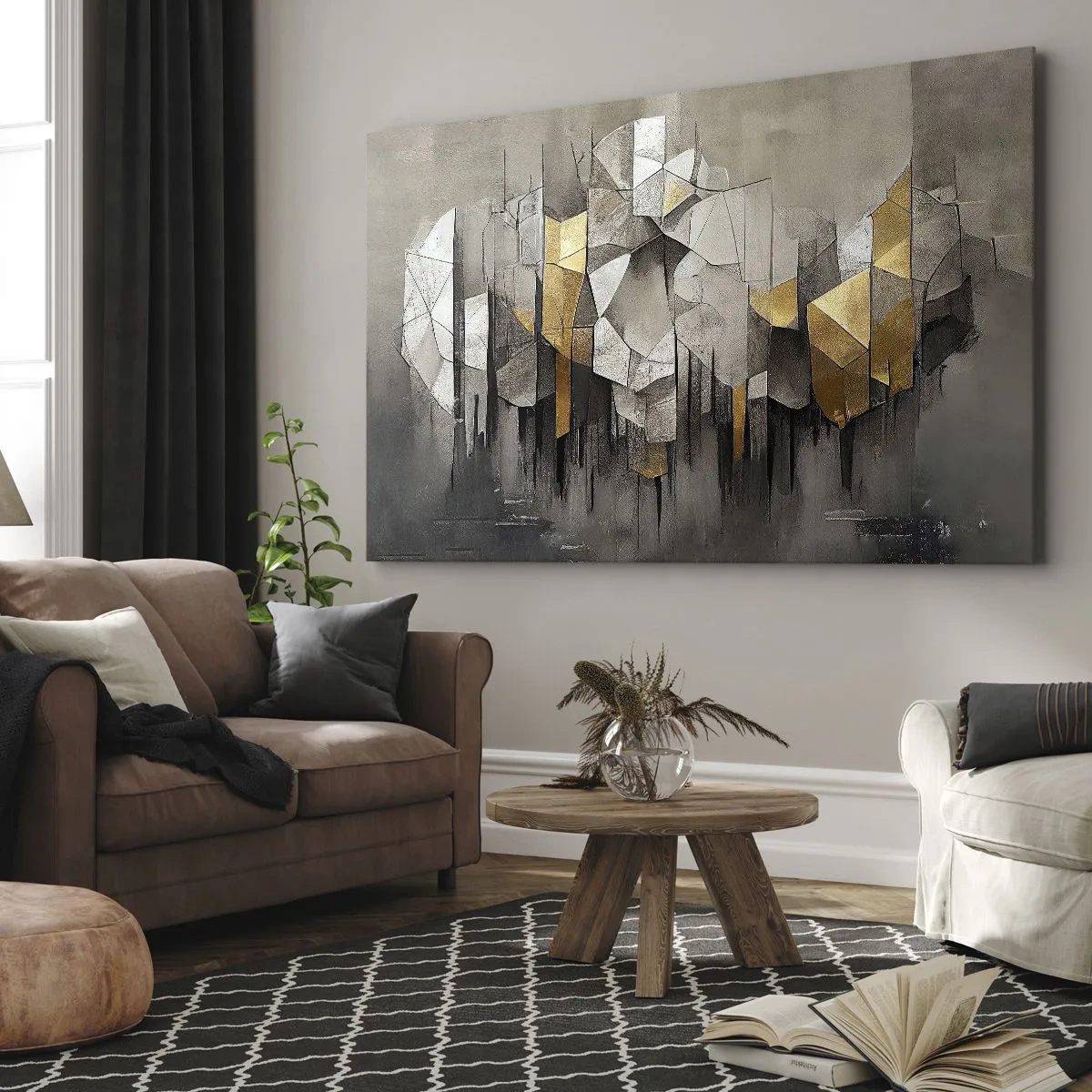 Bild auf Leinwand - Leinwandbild - Geometrische Abstraktion in Gold- und Grautönen - 70x50cm - Komposition aus Eis und Licht - Moderne Wanddekoration für Wohnzimmer und Schlafzimmer ARTTOR