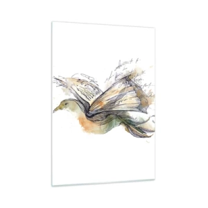 Glasbild - Bild auf glas - Ein Vogel aus einem aufgerollten Buch, eine künstlerische Metapher für Wissen - 50x70cm - Auf den Flügeln der Poesie - Moderne Wanddekoration für Wohnzimmer und Schlafzimmer ARTTOR