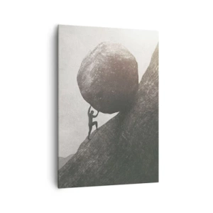 Bild auf Leinwand - Leinwandbild - Ein Mann klettert einen riesigen Felsbrocken einen Hügel hinauf - 70x100cm - Ich glaube wider alle Hoffnung - Moderne Wanddekoration für Wohnzimmer und Schlafzimmer ARTTOR
