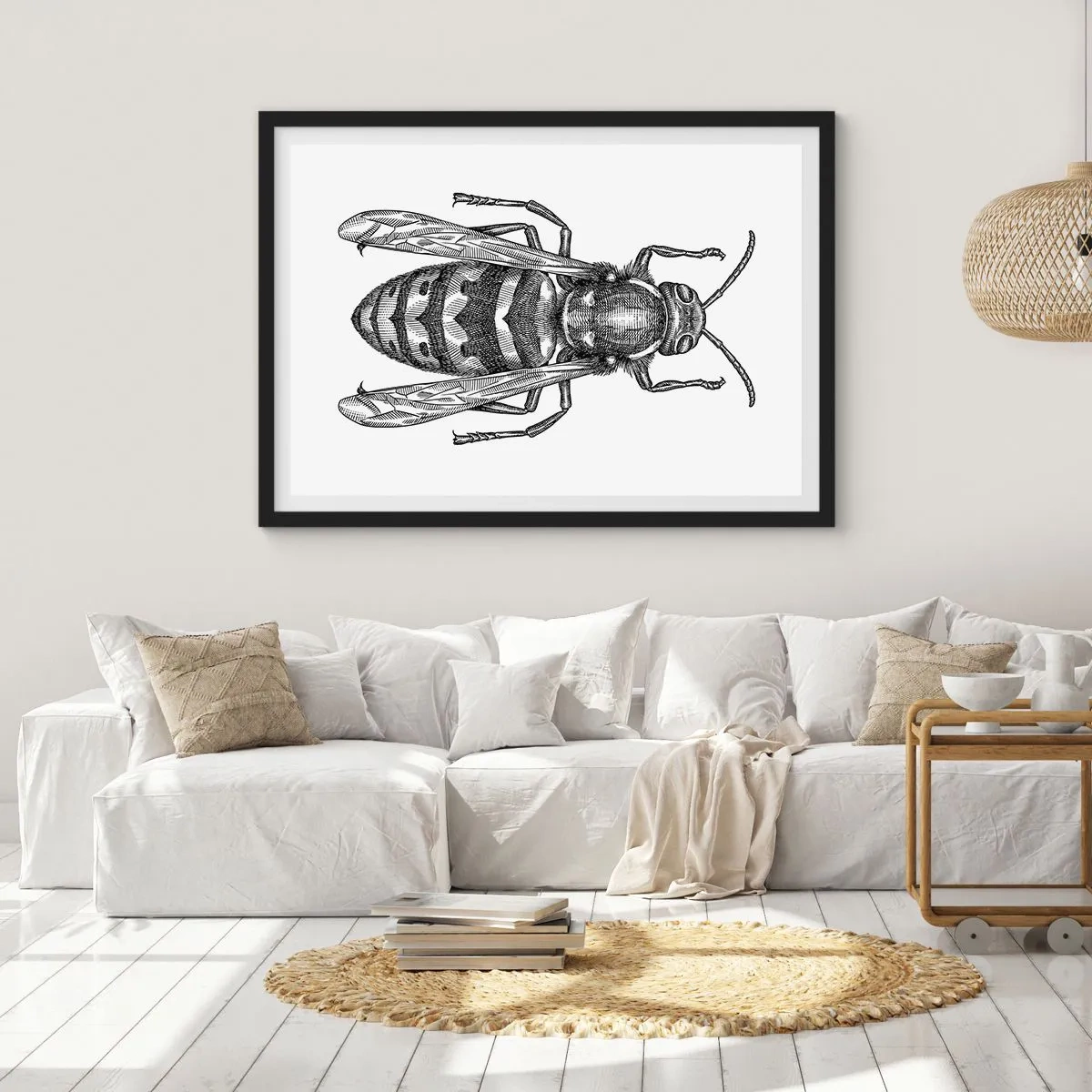 Poster in einem schwarzem Rahmen - Ein Cartoon-Wespenmotiv auf weißem Hintergrund im minimalistischen Stil. - 70x50cm - Von einem Insektenplaneten - Moderne Wanddekoration für Wohnzimmer und Schlafzimmer ARTTOR