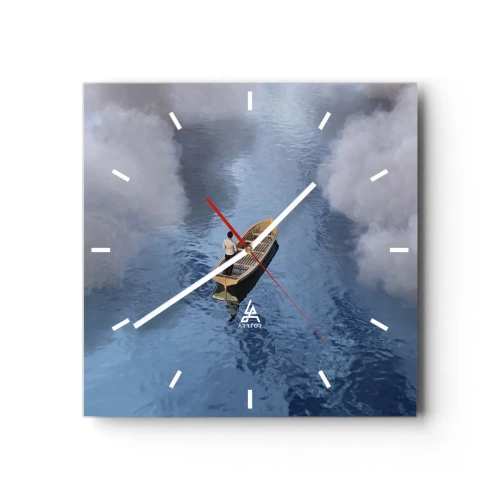 Wanduhr - Glasuhr - Ein Mann in einem Boot auf einem ruhigen Meer, umgeben von Wolken - 30x30cm - Leben – Reise – unbekannt - Moderne Wanddekoration für Wohnzimmer und Schlafzimmer ARTTOR