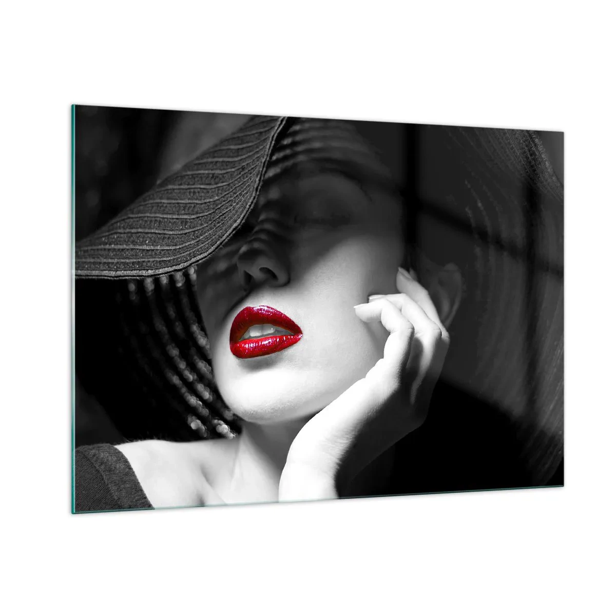 Glasbild - Bild auf glas - Schwarz-Weiß-Komposition mit rotem Lippenakzent - 100x70cm - Eine Studie in Scharlachrot - Moderne Wanddekoration für Wohnzimmer und Schlafzimmer ARTTOR