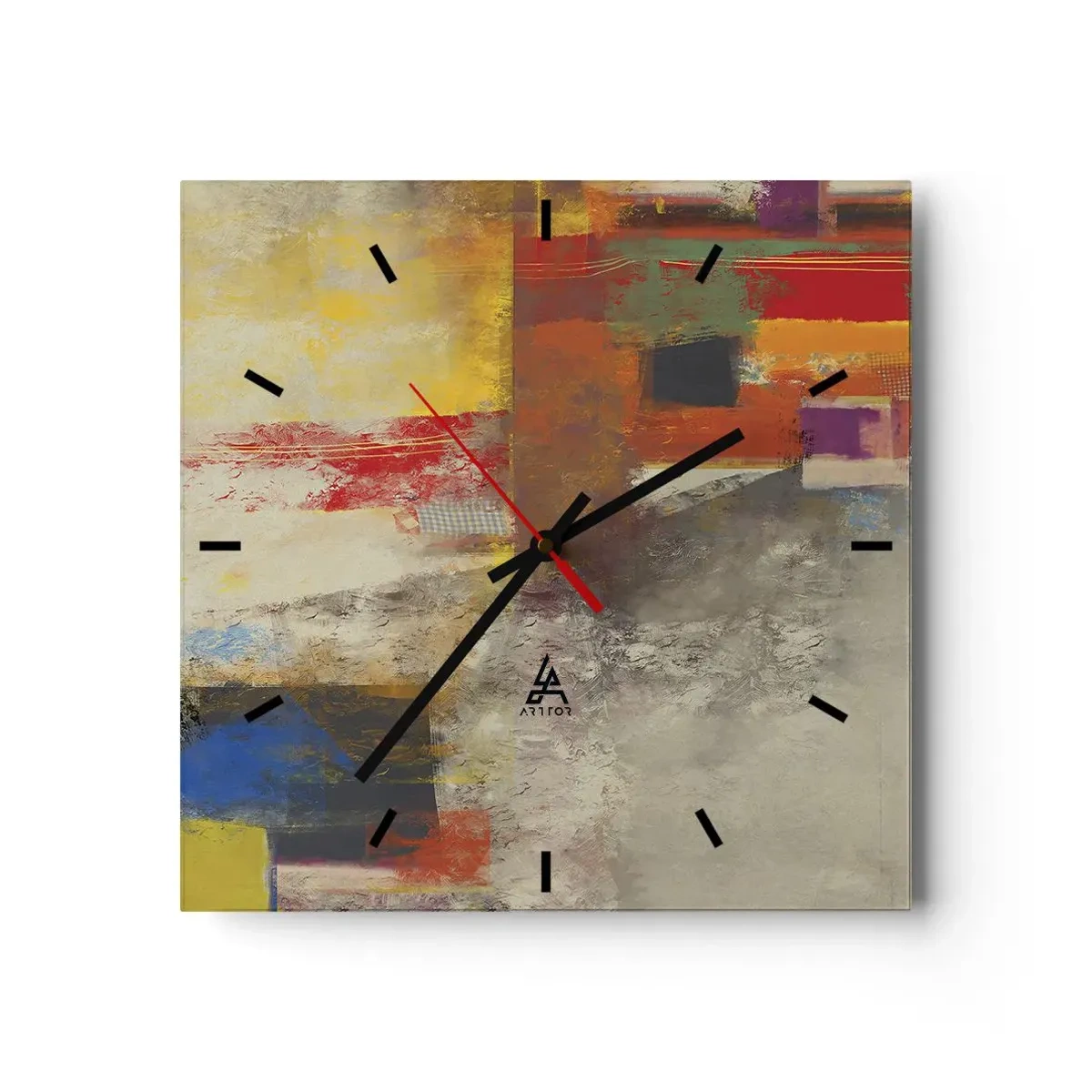 Wanduhr - Glasuhr - Bunte Abstraktion mit geometrischen Formen - 30x30cm - Geometrie der Farben - Moderne Wanddekoration für Wohnzimmer und Schlafzimmer ARTTOR