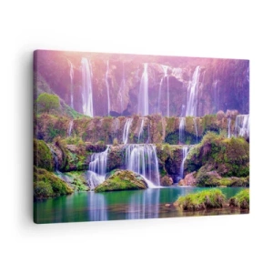 Bild auf Leinwand - Leinwandbild - Wasserfälle umgeben von Grün mit pastellfarbener Beleuchtung - 70x50cm - Treppe zum Himmel - Moderne Wanddekoration für Wohnzimmer und Schlafzimmer ARTTOR