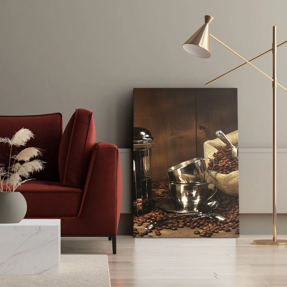 Bild auf Leinwand - Leinwandbild - French Press, Tassen und eine Tüte Kaffee auf einem hölzernen Hintergrund - 50x70cm - Der Charme des Kaffees - Aroma und Geschmack - Moderne Wanddekoration für Wohnzimmer und Schlafzimmer ARTTOR
