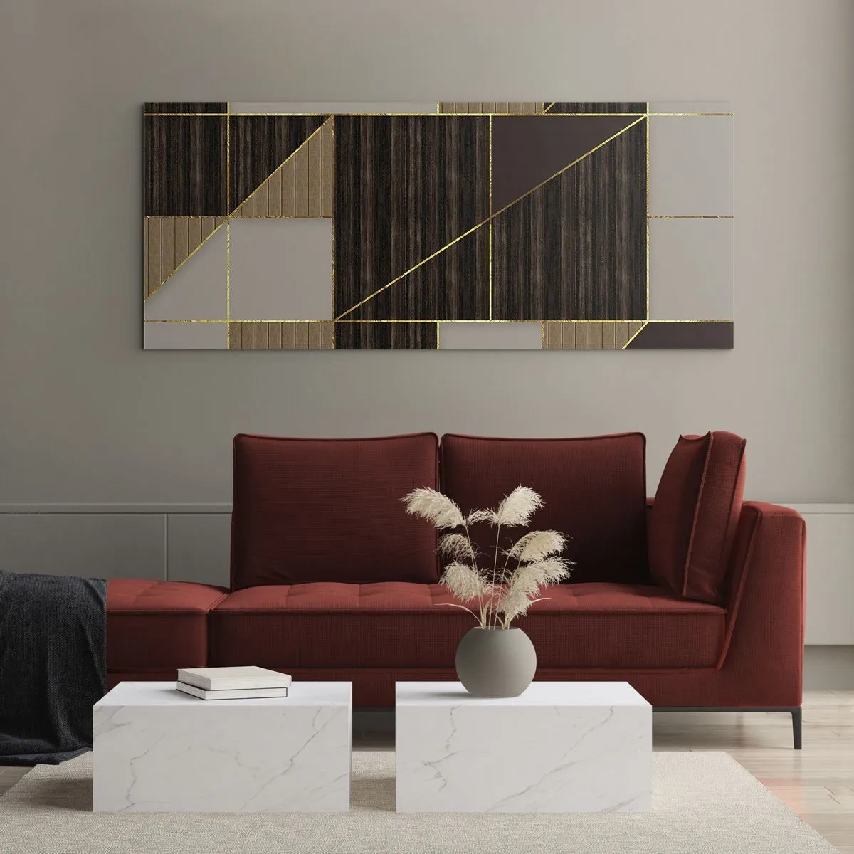 Glasbild - Bild auf glas - Geometrische Muster in Brauntönen mit goldenen Linien - 140x50cm - Ein Mosaik aus Braun und Gold - Moderne Wanddekoration für Wohnzimmer und Schlafzimmer ARTTOR