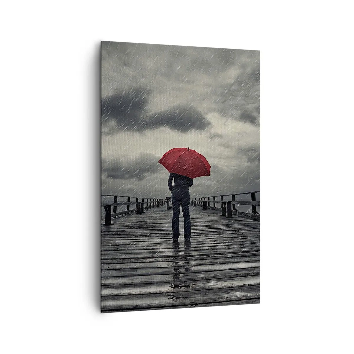 Bild auf Leinwand - Leinwandbild - Eine Person mit einem roten Regenschirm auf einem verregneten Pier - 80x120cm - Es ist egal, dass es regnet - Moderne Wanddekoration für Wohnzimmer und Schlafzimmer ARTTOR
