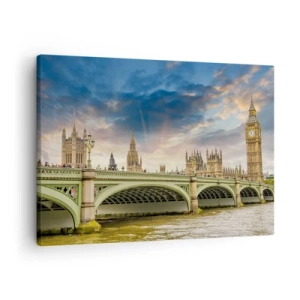 Bild auf Leinwand - Leinwandbild - Big Ben und Westminster Bridge gegen den Himmel in der Abenddämmerung - 70x50cm - Im Imperium ist die Zeit stehen geblieben - Moderne Wanddekoration für Wohnzimmer und Schlafzimmer ARTTOR