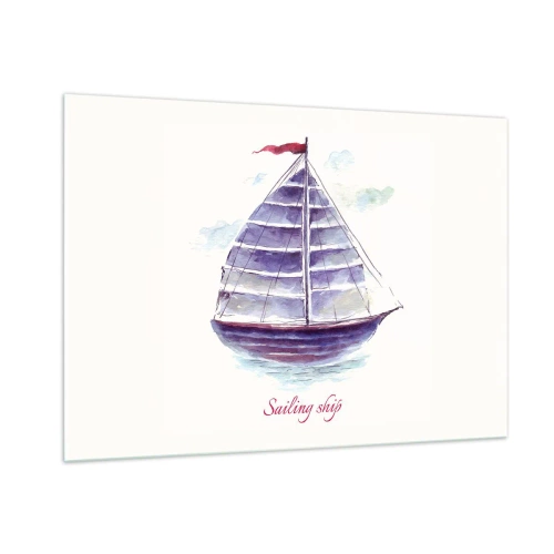 Glasbild - Bild auf glas - Aquarell Segelschiff mit der Aufschrift Segelschiff - 100x70cm - Volle Segel und ruhiges Wasser - Moderne Wanddekoration für Wohnzimmer und Schlafzimmer ARTTOR