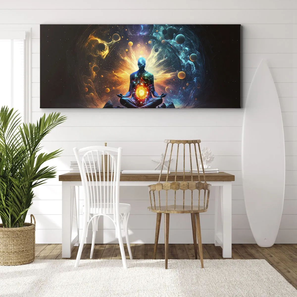Bild auf Leinwand - Leinwandbild - Eine meditierende Figur, umgeben von einer kosmischen Aura - 120x50cm - Kosmischer Frieden - Moderne Wanddekoration für Wohnzimmer und Schlafzimmer ARTTOR