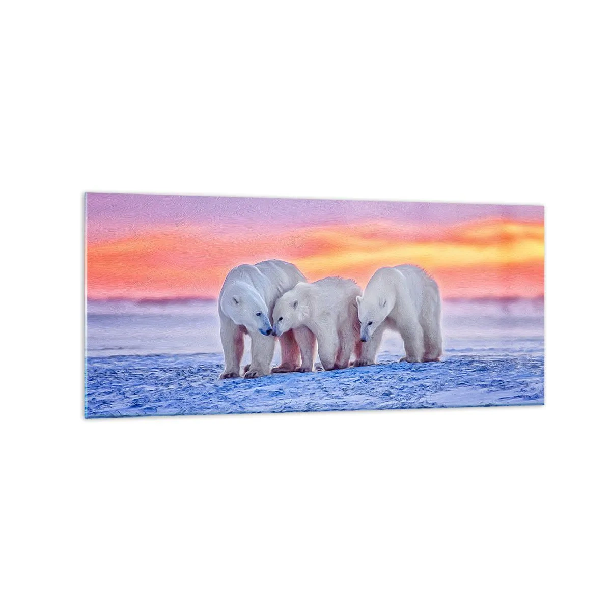 Glasbild - Bild auf glas - Drei Eisbären vor dem Hintergrund eines arktischen Sonnenuntergangs - 120x50cm - Familienwärme ist genug - Moderne Wanddekoration für Wohnzimmer und Schlafzimmer ARTTOR